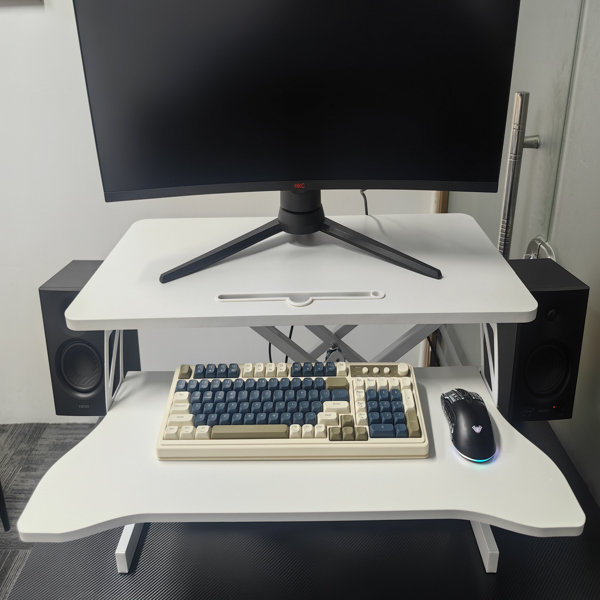 32 Inch Office Desk Converter, Height Adjustable Sit And Stand Lifter, Dual Monitor And Laptop Workstation, Bandwidth Keyboard Stand, White
