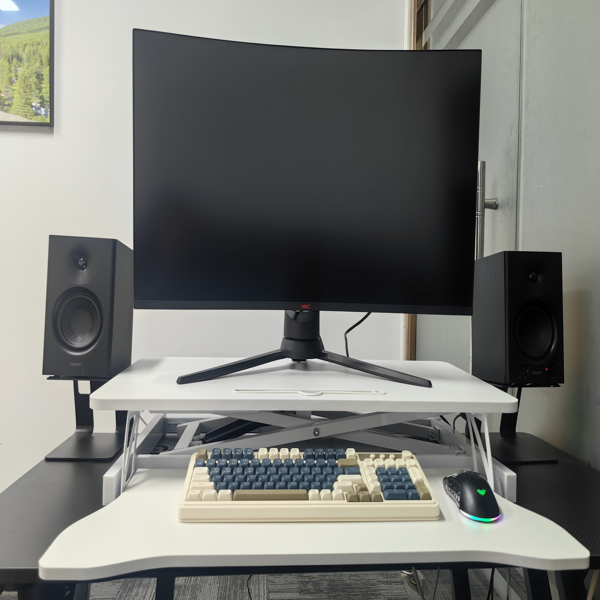 32 Inch Office Desk Converter, Height Adjustable Sit And Stand Lifter, Dual Monitor And Laptop Workstation, Bandwidth Keyboard Stand, White thumbnail