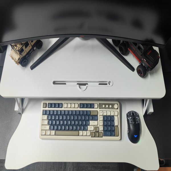 32 Inch Office Desk Converter, Height Adjustable Sit And Stand Lifter, Dual Monitor And Laptop Workstation, Bandwidth Keyboard Stand, White thumbnail